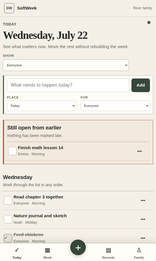 SoftWeek mobile Today view with quick add and unfinished work
