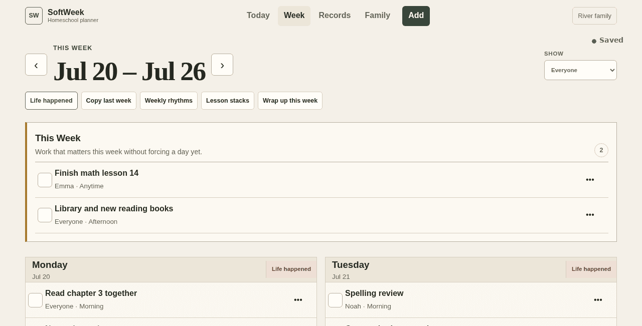 SoftWeek week view showing This Week, weekly tools, and daily homeschool plans